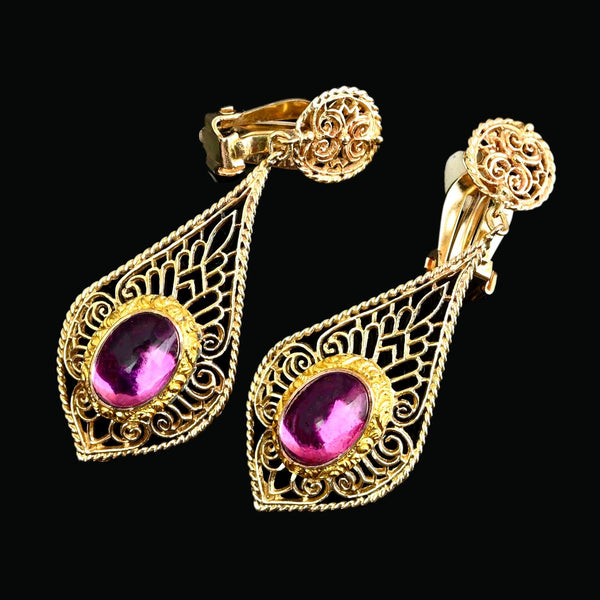 Vintage 14K Gold Amethyst Filigree Dangle Earrings