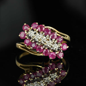 Vintage 10K Gold Bypass Diagonal Diamond Ruby Cluster Ring - Boylerpf