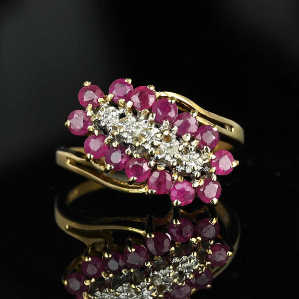 Vintage 10K Gold Bypass Diagonal Diamond Ruby Cluster Ring - Boylerpf