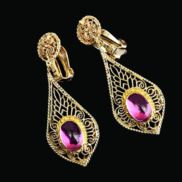 Vintage 14K Gold Amethyst Filigree Dangle Earrings