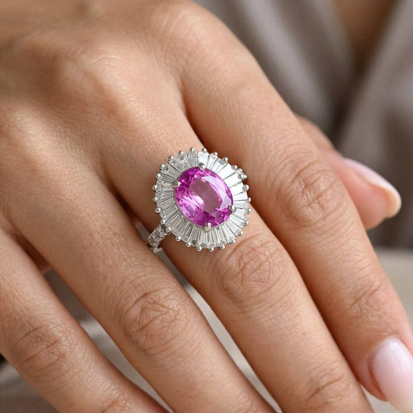 14K White Gold Pink Sapphire Ballerina Diamond Ring