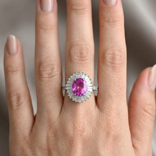 14K White Gold Pink Sapphire Ballerina Diamond Ring