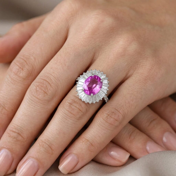 14K White Gold Pink Sapphire Ballerina Diamond Ring