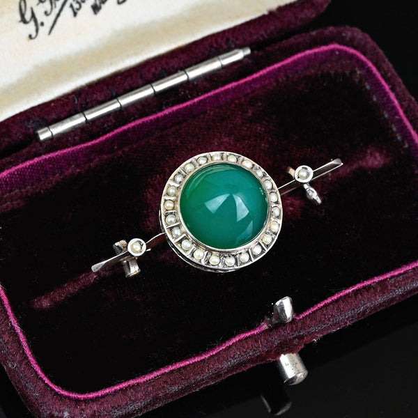 Antique French Silver Seed Pearl Chrysoprase Brooch - Boylerpf