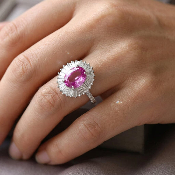 14K White Gold Pink Sapphire Ballerina Diamond Ring