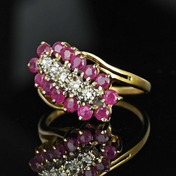 Vintage 10K Gold Bypass Diagonal Diamond Ruby Cluster Ring - Boylerpf