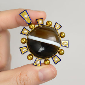 Antique Victorian 15K Gold Agate Pearl Enamel Pendant - Boylerpf