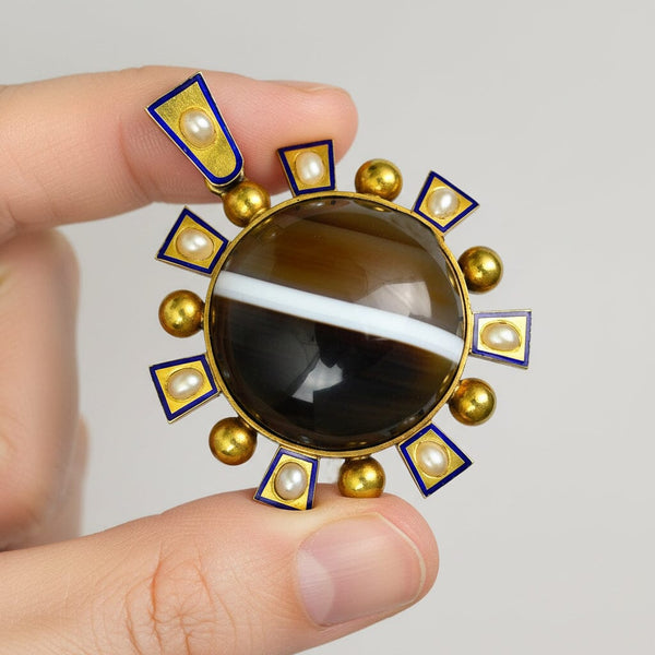 Antique Victorian 15K Gold Agate Pearl Enamel Pendant - Boylerpf