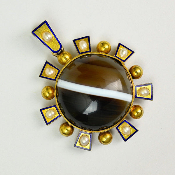 Antique Victorian 15K Gold Agate Pearl Enamel Pendant - Boylerpf