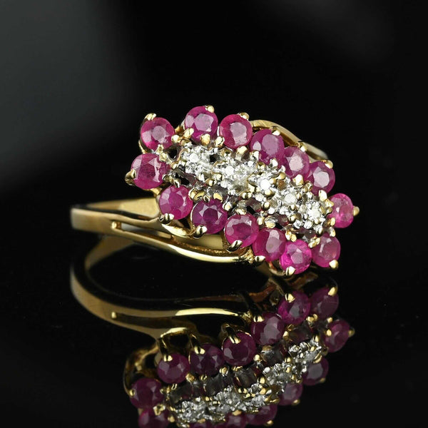 Vintage 10K Gold Bypass Diagonal Diamond Ruby Cluster Ring - Boylerpf