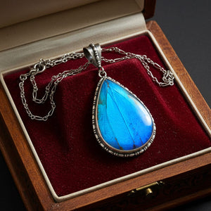 ON HOLD Antique Edwardian Morpho Butterfly Wing Pendant Necklace - Boylerpf