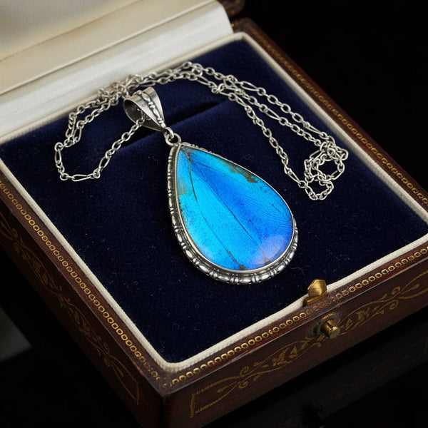 Antique Edwardian Morpho Butterfly Wing Pendant Necklace