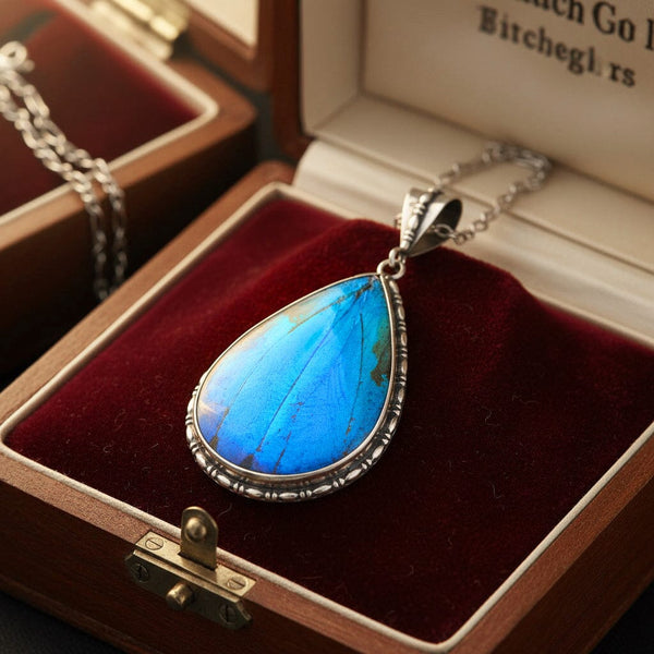 Antique Edwardian Morpho Butterfly Wing Pendant Necklace