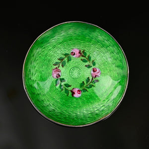 Antique Silver Guilloche Pink Rose Green Enamel Brooch, C. 1917 - Boylerpf