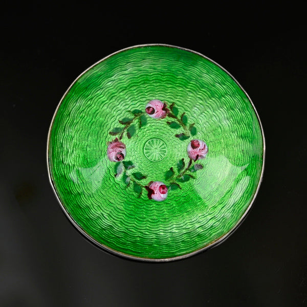 Antique Silver Guilloche Pink Rose Green Enamel Brooch, C. 1917 - Boylerpf
