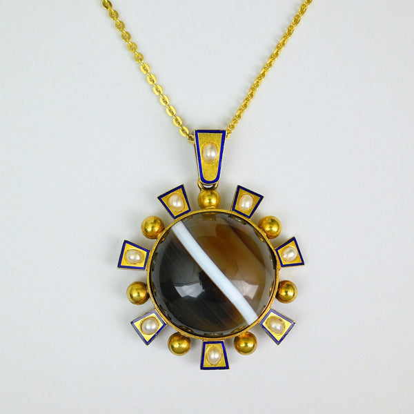 Antique Victorian 15K Gold Agate Pearl Enamel Pendant - Boylerpf