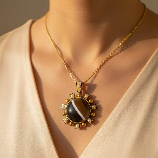 Antique Victorian 15K Gold Agate Pearl Enamel Pendant - Boylerpf