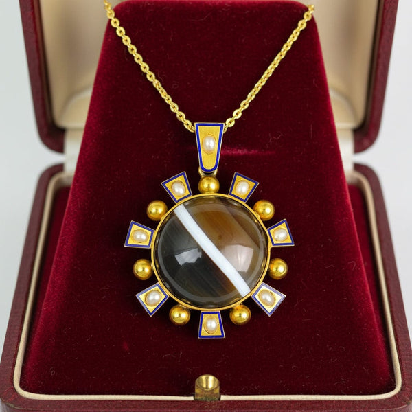 Antique Victorian 15K Gold Agate Pearl Enamel Pendant - Boylerpf