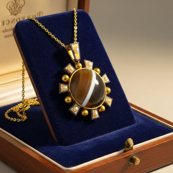 Antique Victorian 15K Gold Agate Pearl Enamel Pendant - Boylerpf