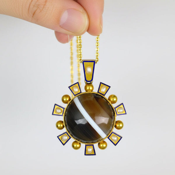 Antique Victorian 15K Gold Agate Pearl Enamel Pendant - Boylerpf