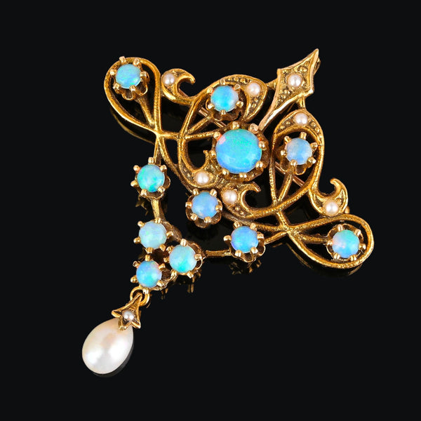 Antique 14K Gold Pearl Opal Cabochon Brooch Pendant