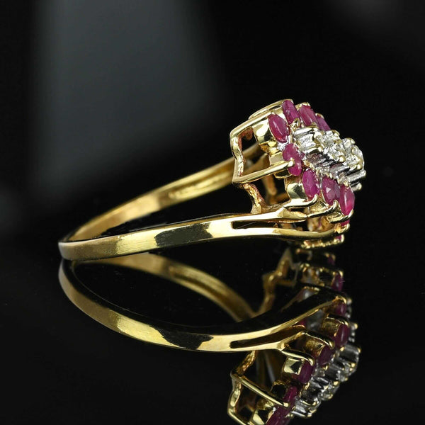 Vintage 10K Gold Bypass Diagonal Diamond Ruby Cluster Ring - Boylerpf