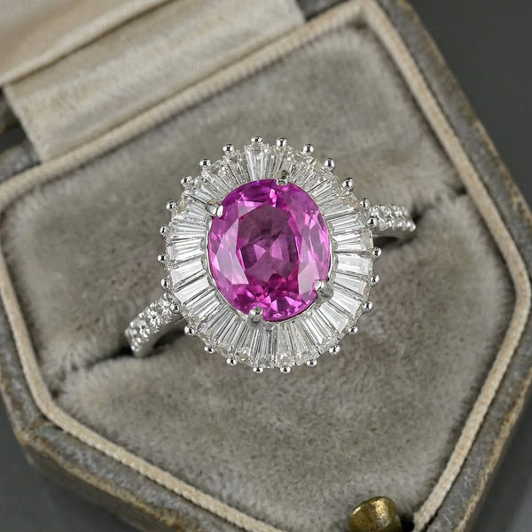 14K White Gold Pink Sapphire Ballerina Diamond Ring