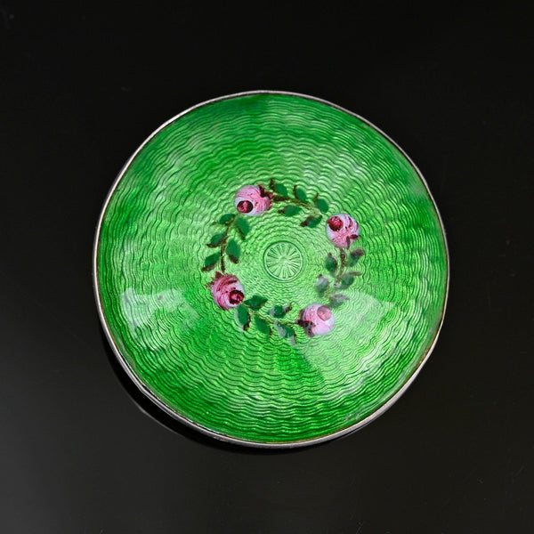 Antique Silver Guilloche Pink Rose Green Enamel Brooch, C. 1917 - Boylerpf