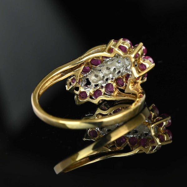 Vintage 10K Gold Bypass Diagonal Diamond Ruby Cluster Ring - Boylerpf