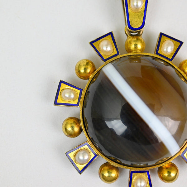 Antique Victorian 15K Gold Agate Pearl Enamel Pendant - Boylerpf