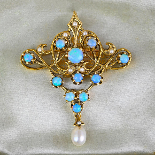 Antique 14K Gold Pearl Opal Cabochon Brooch Pendant