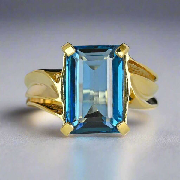 Vintage Wide Gold Bypass London Blue Topaz Ring - Boylerpf