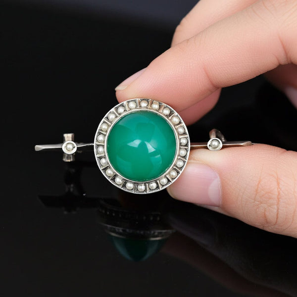Antique French Silver Seed Pearl Chrysoprase Brooch - Boylerpf