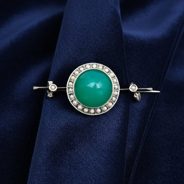 Antique French Silver Seed Pearl Chrysoprase Brooch - Boylerpf
