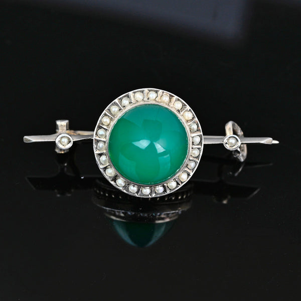 Antique French Silver Seed Pearl Chrysoprase Brooch - Boylerpf