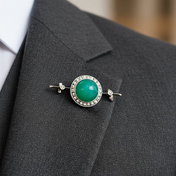 Antique French Silver Seed Pearl Chrysoprase Brooch - Boylerpf