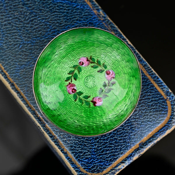 Antique Silver Guilloche Pink Rose Green Enamel Brooch, C. 1917 - Boylerpf