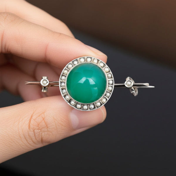 Antique French Silver Seed Pearl Chrysoprase Brooch - Boylerpf