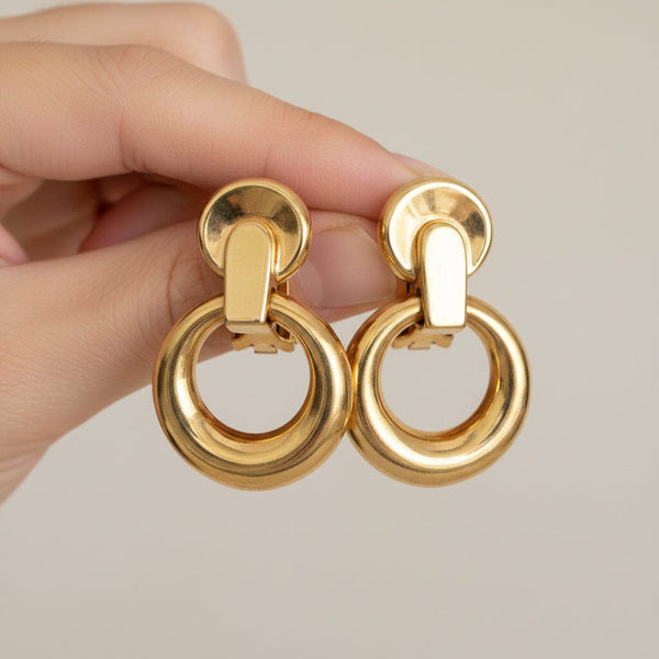 Vintage 14K Gold Door Knocker Earrings Retro Statement Hoops - Boylerpf