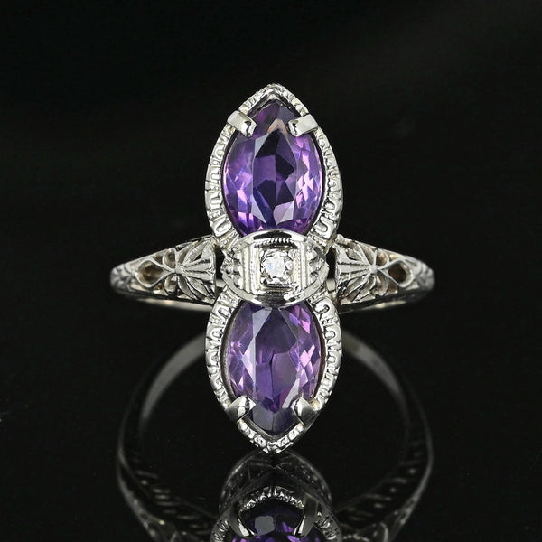 Art Deco 14K White Gold Filigree Diamond Amethyst Ring - Boylerpf