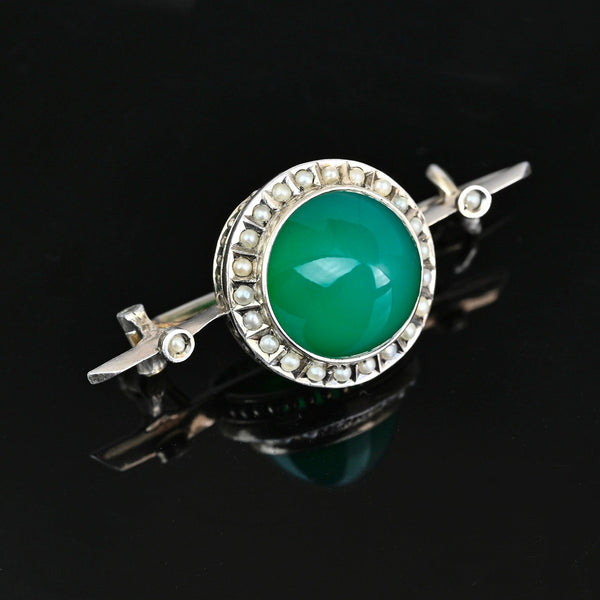 Antique French Silver Seed Pearl Chrysoprase Brooch - Boylerpf
