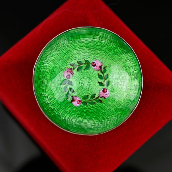 Antique Silver Guilloche Pink Rose Green Enamel Brooch, C. 1917 - Boylerpf