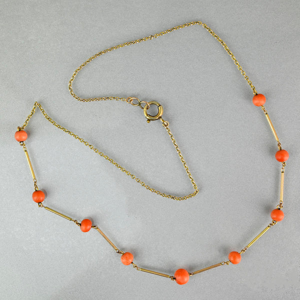 Antique Edwardian 9K Gold Natural Coral Station Necklace