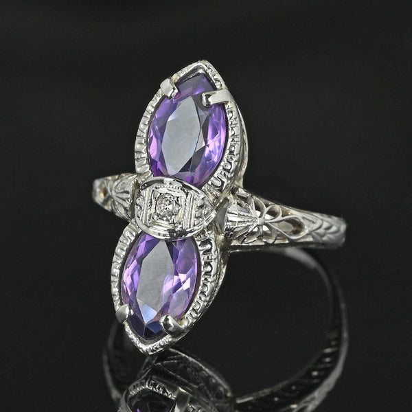 Art Deco 14K White Gold Filigree Diamond Amethyst Ring - Boylerpf