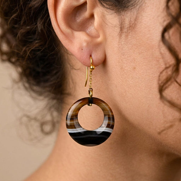 Antique Victorian Scottish Banded Agate Drop Earrings - Boylerpf