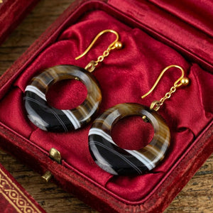 Antique Victorian Scottish Banded Agate Drop Earrings - Boylerpf