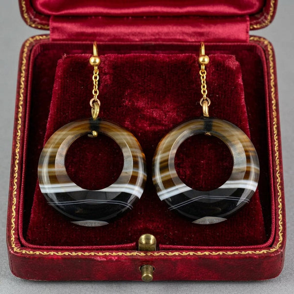 Antique Victorian Scottish Banded Agate Drop Earrings - Boylerpf