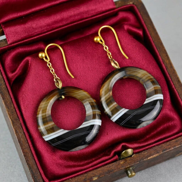 Antique Victorian Scottish Banded Agate Drop Earrings - Boylerpf