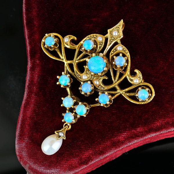 Antique 14K Gold Pearl Opal Cabochon Brooch Pendant