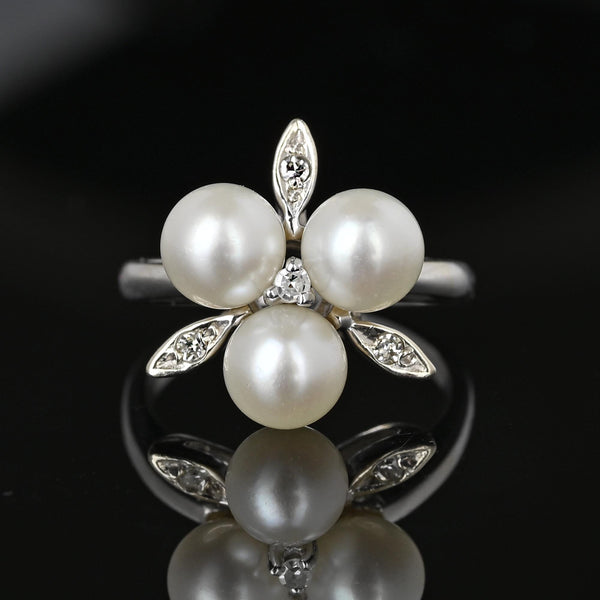 Vintage Diamond Pearl Cluster Trefoil Ring in 14K White Gold - Boylerpf